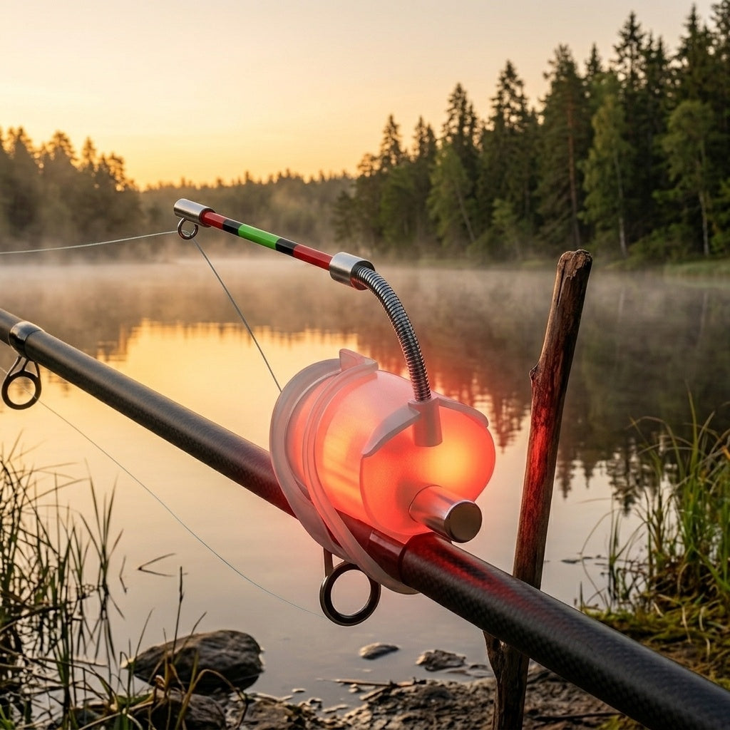 Fiskespöslarm vid svensk insjö i gryningsljus – LED aktiverat