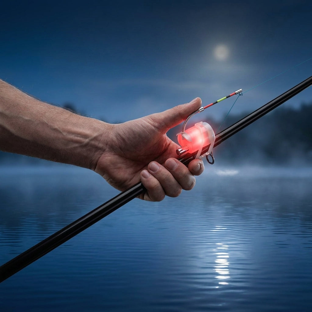Napplarm för fiskespö med röd LED-glow vid nattfiske vid sjö