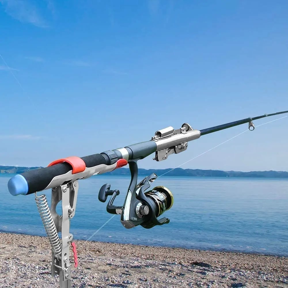 Automatisk metspöhållare i rostfritt stål vid strand