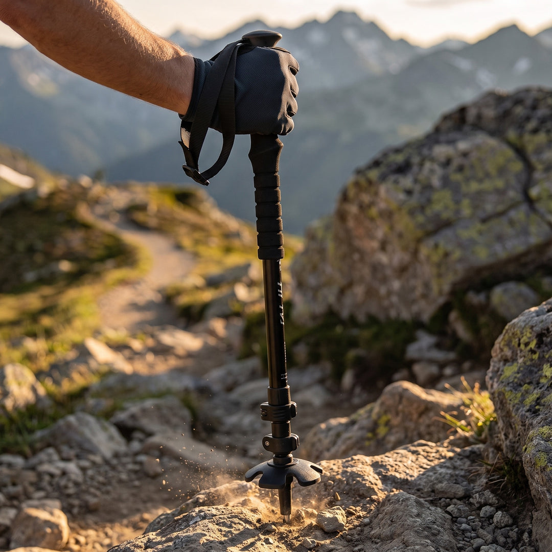 Vandringsstav planterad i bergsterräng – äventyrslifestyle
