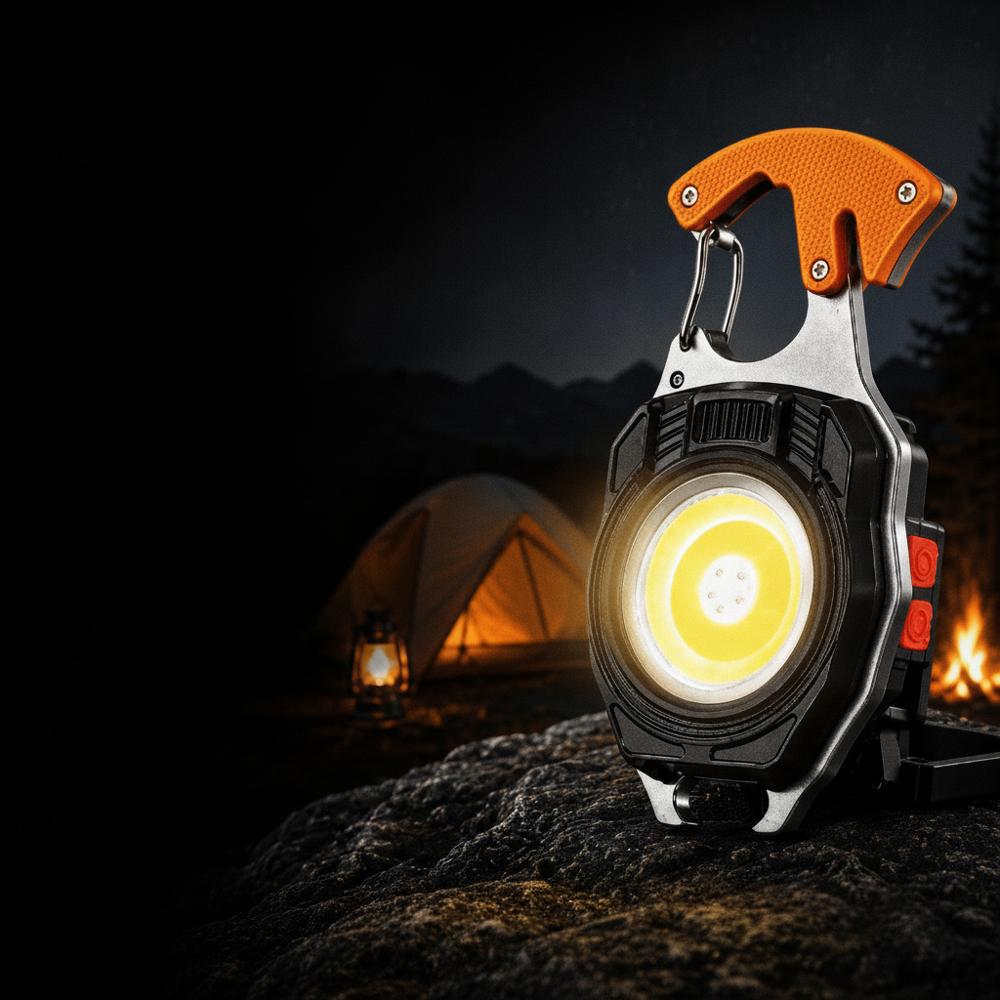 Nyckelrings-multiverktyg orange med LED-ficklampa och tändare vid campingläger