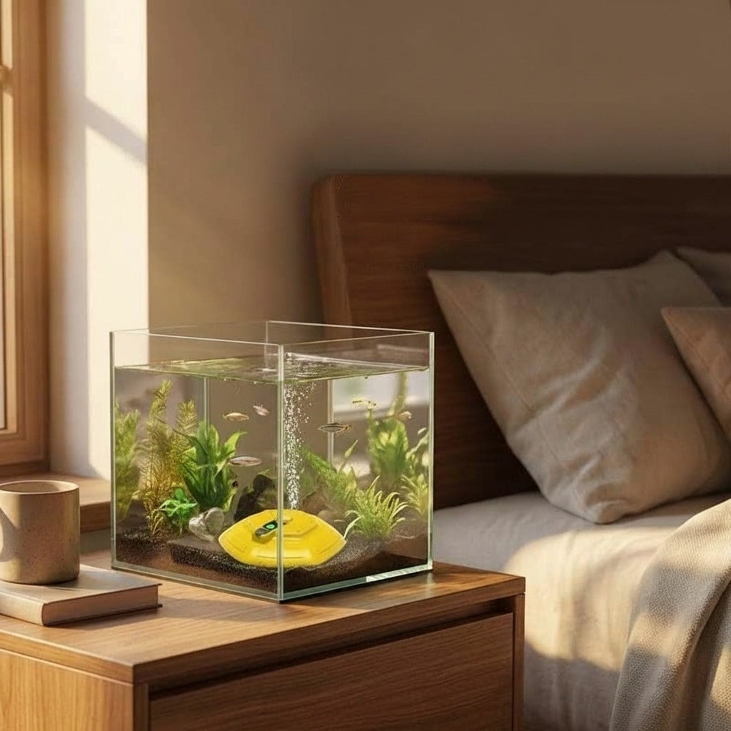 Syresättningspump i akvarium med gröna växter och fiskar