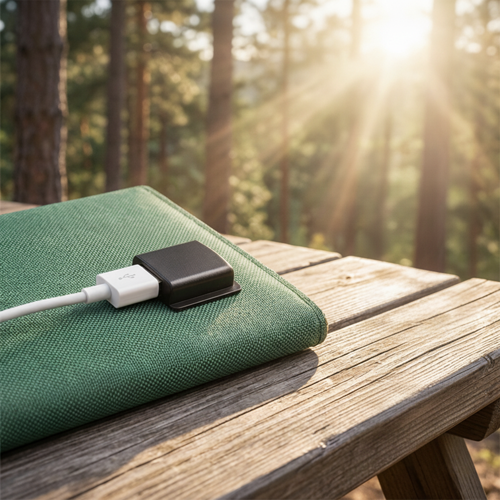 Hopvikt solpanel med USB-kabel på träbord i solljus