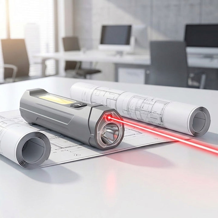 Ficklamp med laser på skrivbord med ritningar