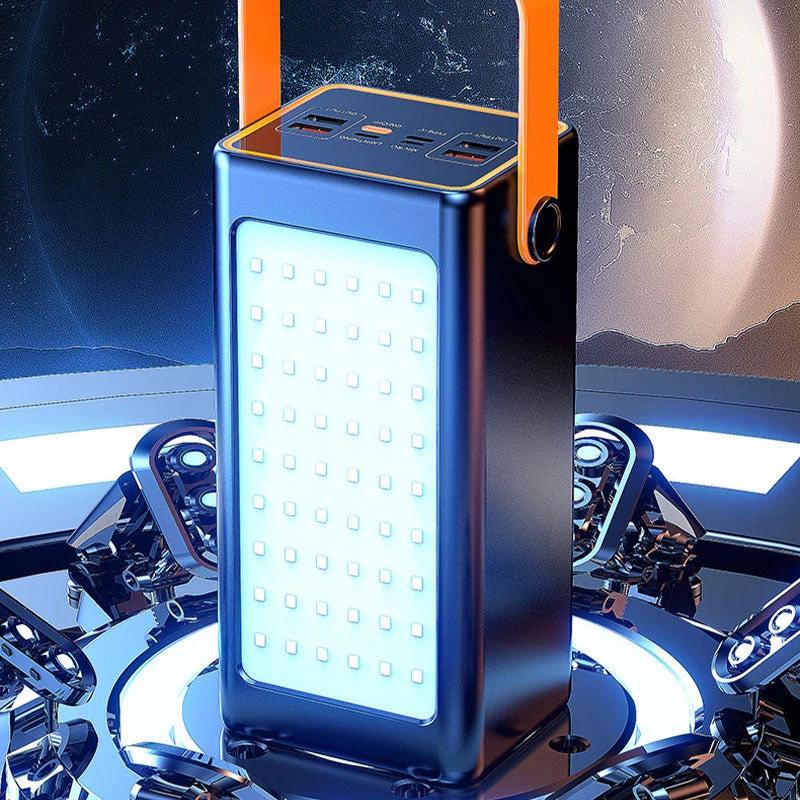 Powerbank med LED-lampa tänd i sci-fi miljö