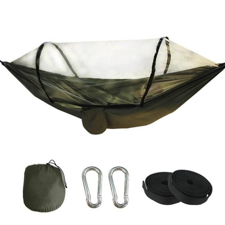 Armygrön campinghängmatta med myggnät och tillbehör