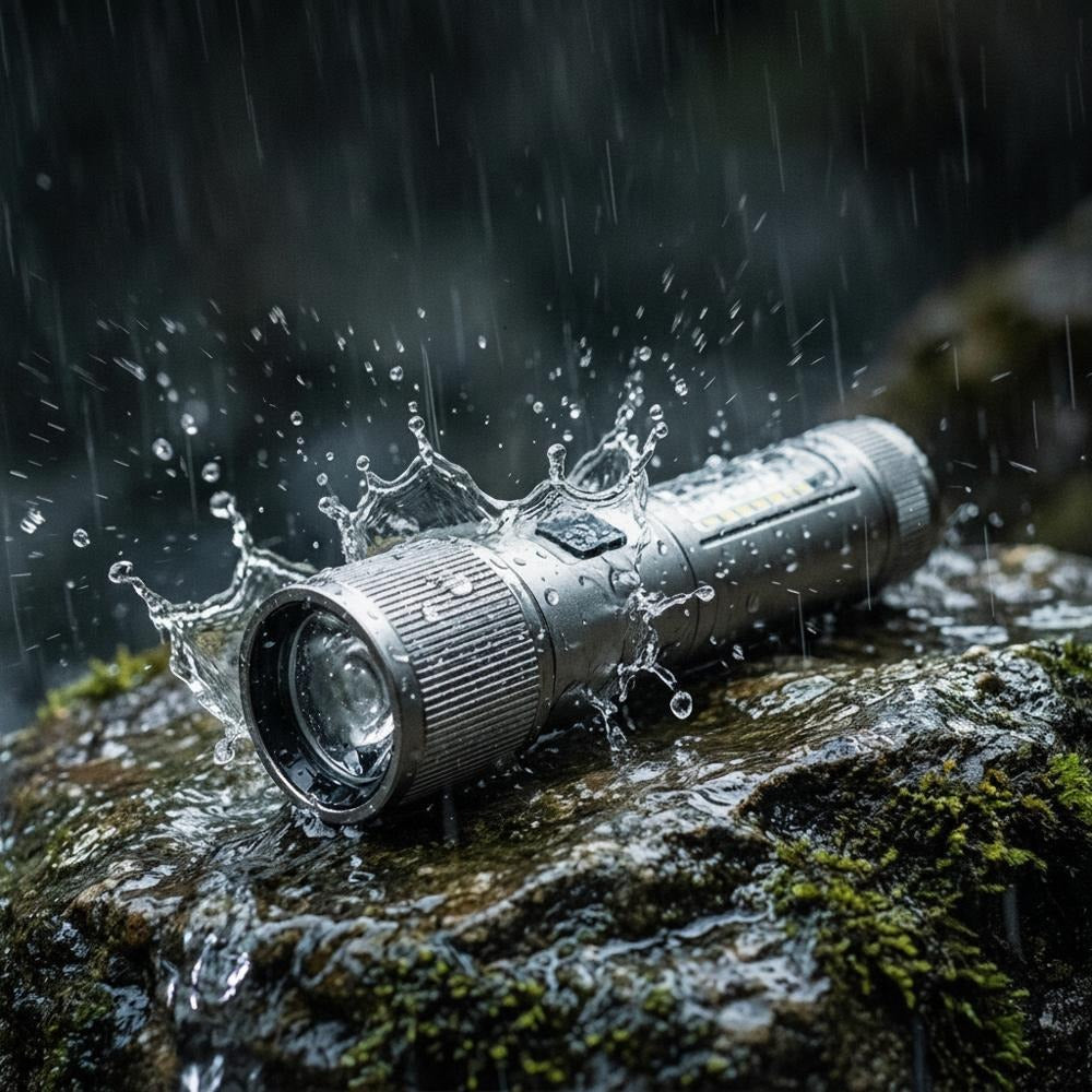 LED-ficklampa med vattenstänk på mossbeklädda stenar i regn