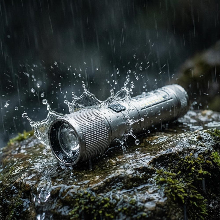 LED-ficklampa med vattenstänk på mossbeklädda stenar i regn