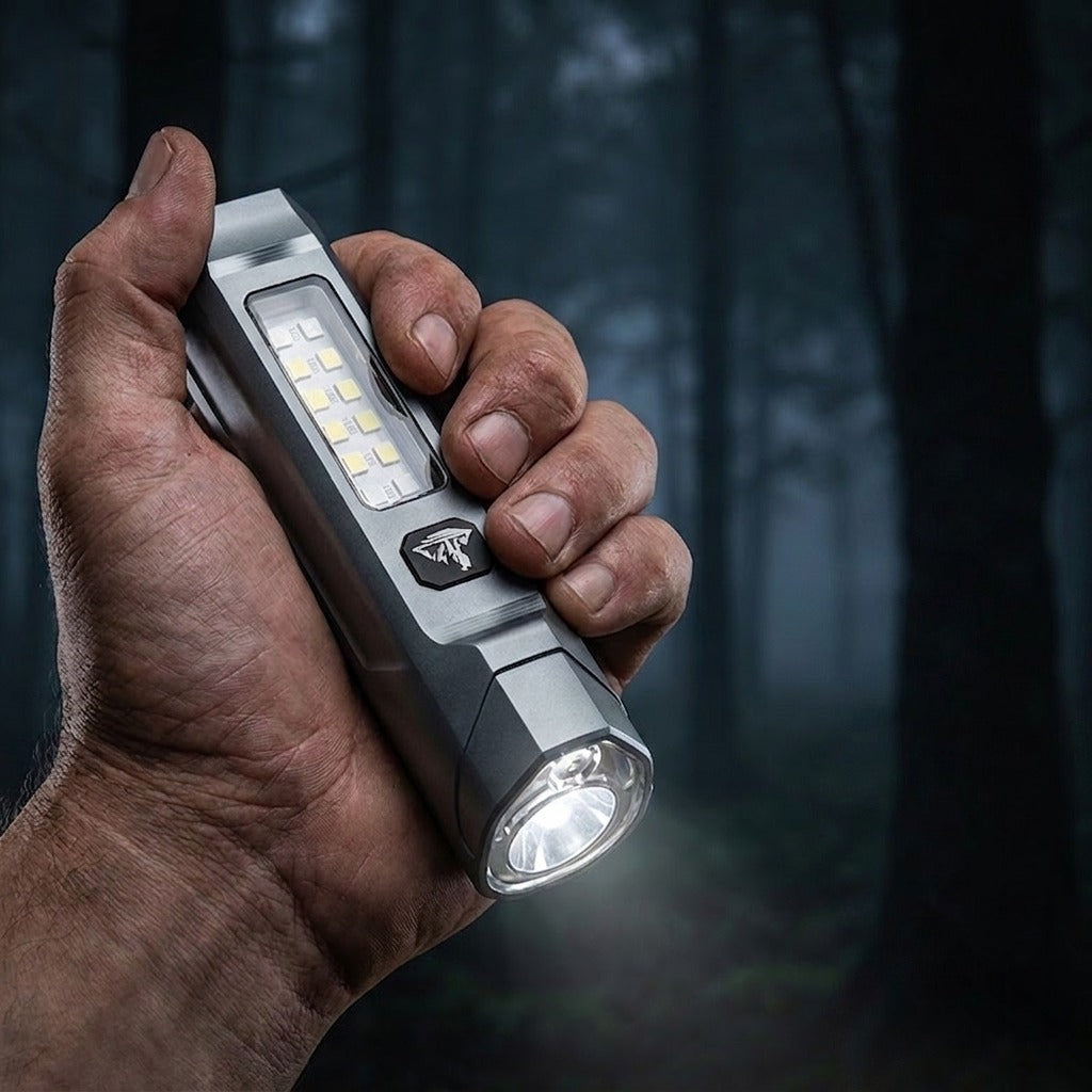 Ficklamp hålls i handen med COB-panel tänd i skogen