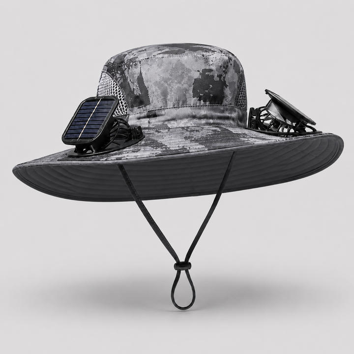 Solcellsdriven kylhatt Camo Grå med solpaneler och fläktar