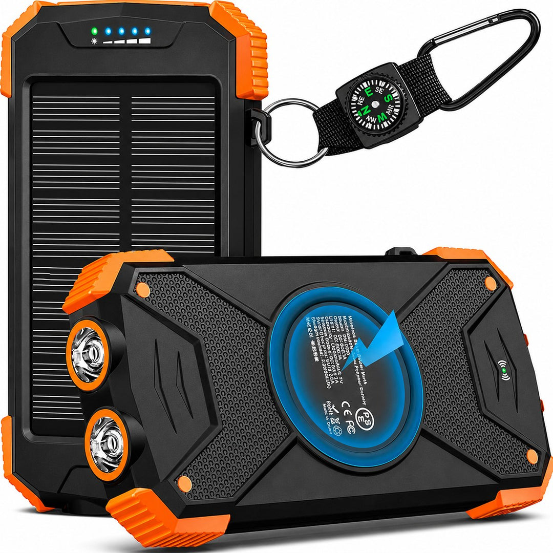 Soldriven powerbank front och baksida med solpanel