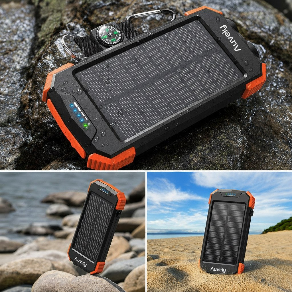 Vattentät powerbank i naturen - sten och strand