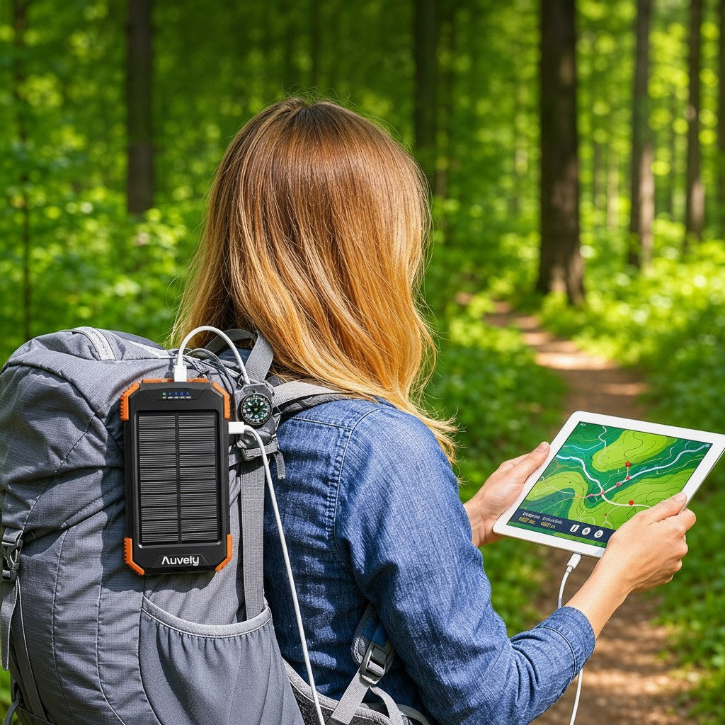 Vandrare laddar surfplatta med soldriven powerbank i skog