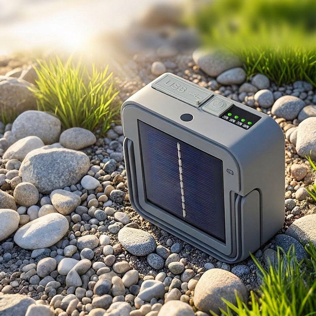 Bakre solpanel och USB-port på campinglampa
